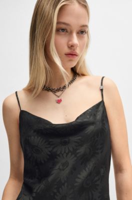 Floral-jacquard dress with asymmetric hem, Black