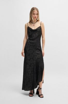 Floral-jacquard dress with asymmetric hem, Black