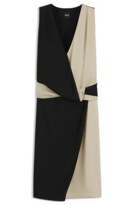 Vestido con bloques de color y parte delantera cruzada, Negro