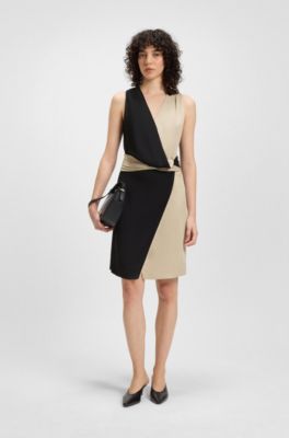 Vestido con bloques de color y parte delantera cruzada, Negro