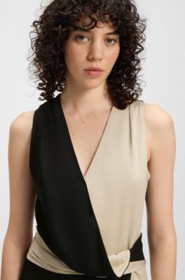 Wrap-front dress with colour-blocking, Black