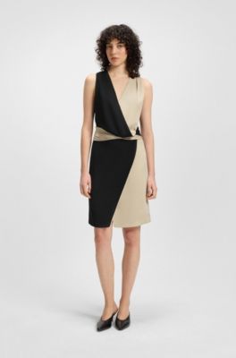 Wrap-front dress with colour-blocking, Black