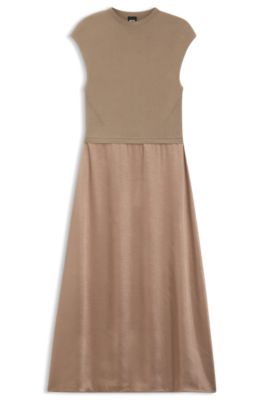 Vestido de punto con falda de sat&eacute;n, Marr&oacute;n claro
