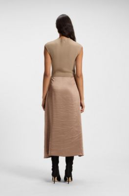 Knitted dress with satin skirt, Light Brown