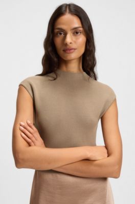 Vestido de punto con falda de sat&eacute;n, Marr&oacute;n claro