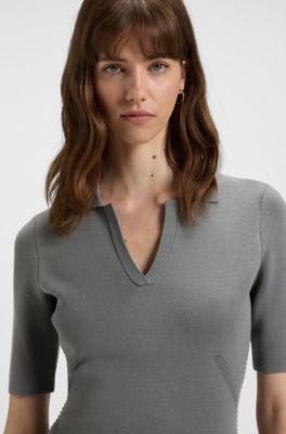 Vestido de punto con cuello abierto, Gris oscuro