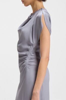 Gathered-detail dress with drape neckline, Light Grey