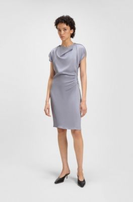 Gathered-detail dress with drape neckline, Light Grey