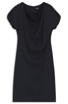 Gathered-detail dress with drape neckline, Dark Blue