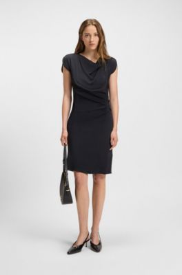 Gathered-detail dress with drape neckline, Dark Blue
