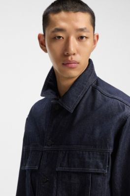 Relaxed-fit jacket in blue Japanese rigid denim, Dark Blue