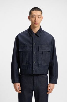 Relaxed-fit jacket in blue Japanese rigid denim, Dark Blue