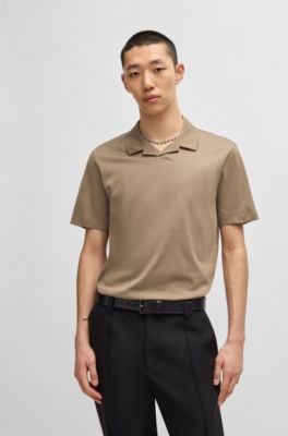 Johnny-collar slim-fit polo shirt in stretch cotton, Brown