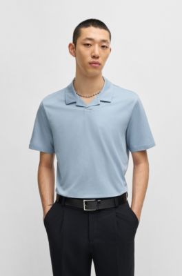 Johnny-collar slim-fit polo shirt in stretch cotton, Light Blue