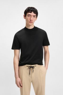T-shirt Slim en coton stretch avec col mao, Noir