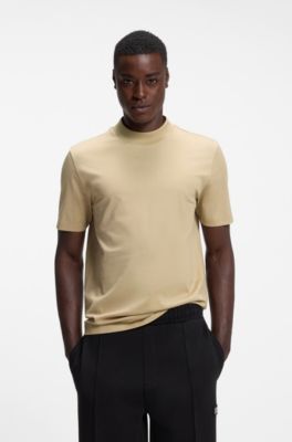 Stand-collar slim-fit T-shirt in stretch cotton, Beige