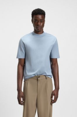 Stand-collar slim-fit T-shirt in stretch cotton, Light Blue