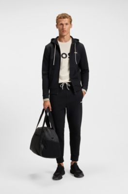 Stripe-detail zip-up hoodie in a cotton blend, Black