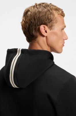 Stripe-detail zip-up hoodie in a cotton blend, Black