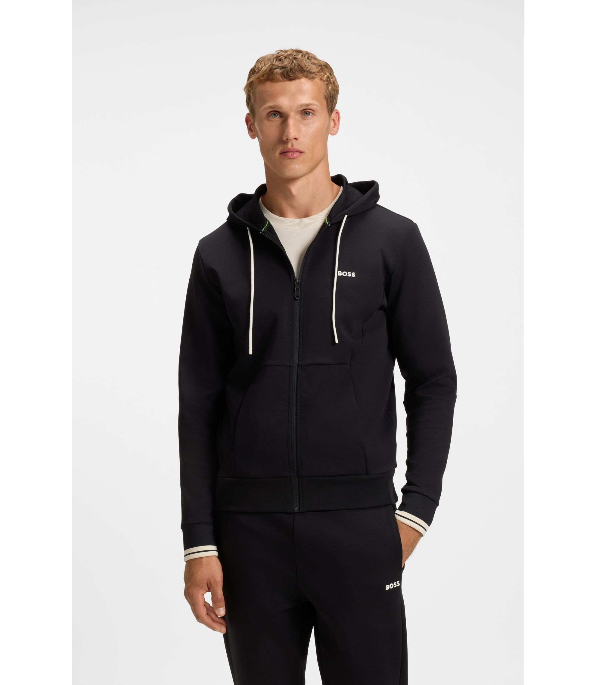 BOSS - Cotton zip-up hoodie with stripe details - Black