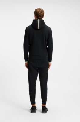Stripe-detail zip-up hoodie in a cotton blend, Black