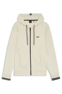 Sudadera con capucha y cremallera de algod&oacute;n con detalles de rayas, Blanco