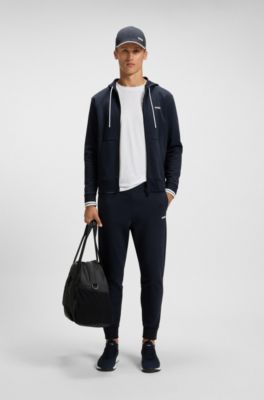 Stripe-detail zip-up hoodie in a cotton blend, Dark Blue