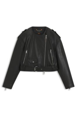 Blouson de motard court en cuir grain&eacute;, Noir