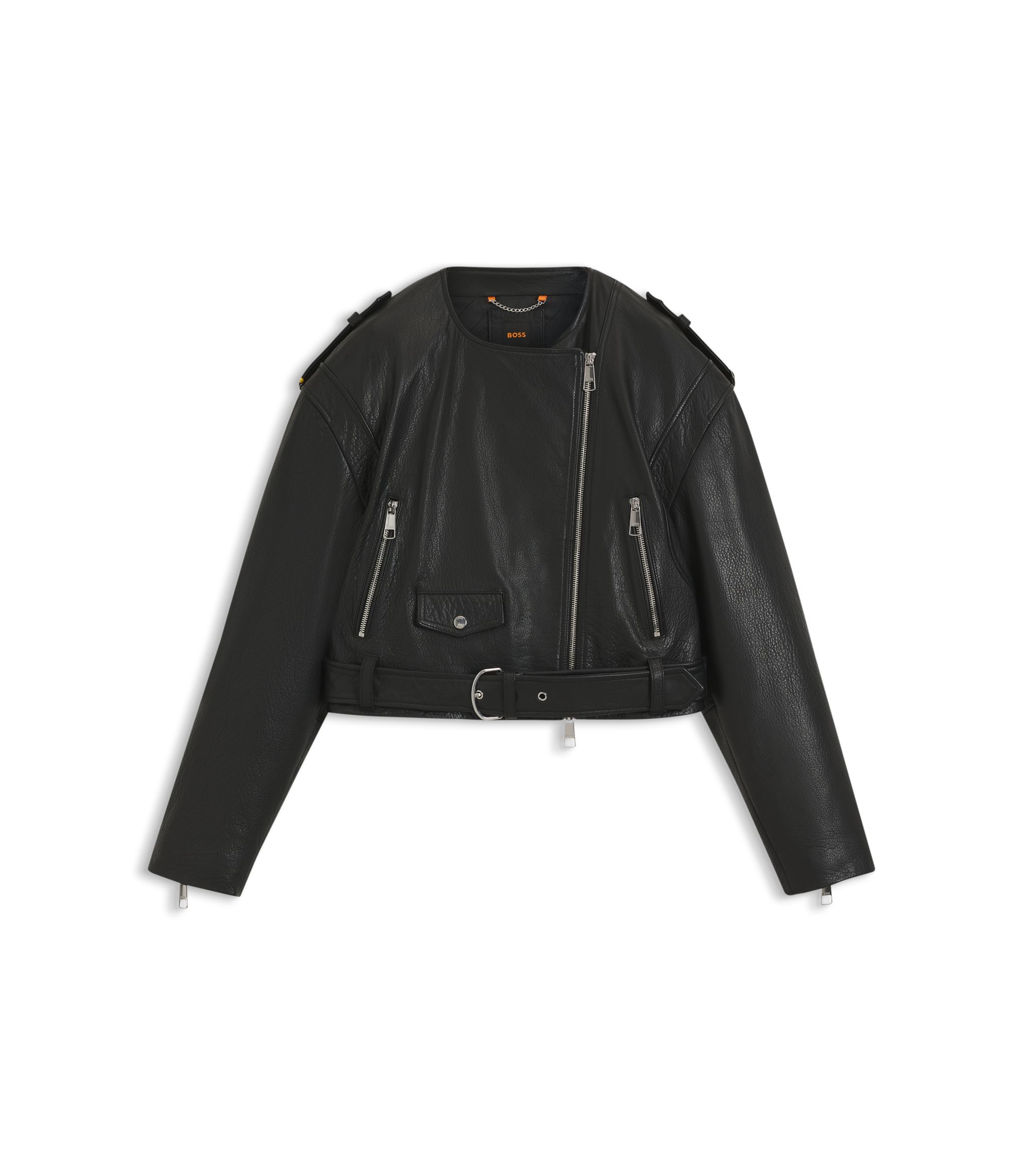 BOSS - Grained-leather biker jacket with cropped length - Black