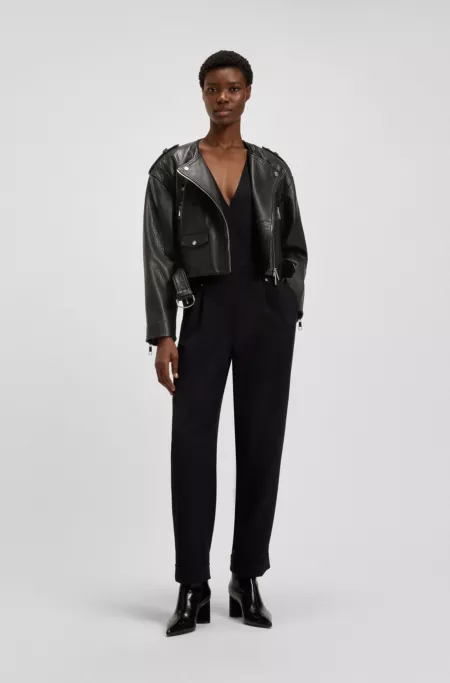 Grained-leather biker jacket with cropped length