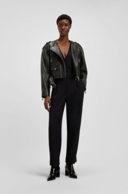 Blouson de motard court en cuir grain&eacute;, Noir