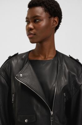Blouson de motard court en cuir grain&eacute;, Noir
