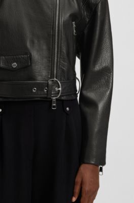 Blouson de motard court en cuir grain&eacute;, Noir