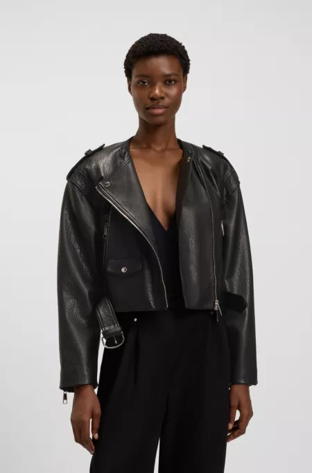 Grained-leather biker jacket with cropped length