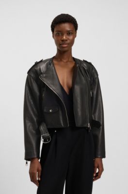 Blouson de motard court en cuir grain&eacute;, Noir