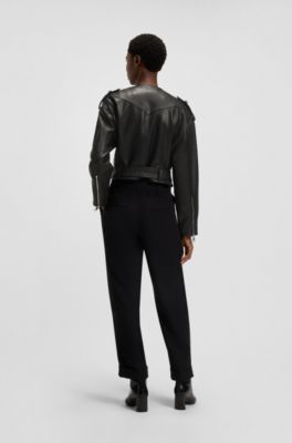 Blouson de motard court en cuir grain&eacute;, Noir