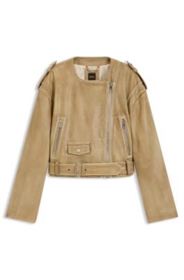 Chaqueta biker corta de piel granulada, Marr&oacute;n
