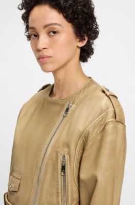 Chaqueta biker corta de piel granulada, Marr&oacute;n