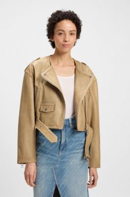 Chaqueta biker corta de piel granulada, Marr&oacute;n