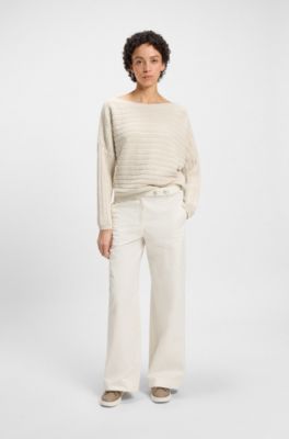 Cotton-blend knitted sweater with mixed structures, White