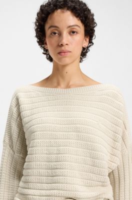 Cotton-blend knitted sweater with mixed structures, White