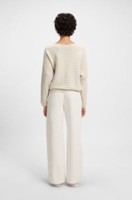 Cotton-blend knitted sweater with mixed structures, White