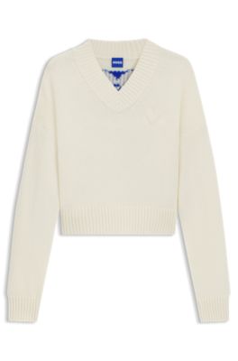 V-neck sweater with Happy HUGO hearts, White