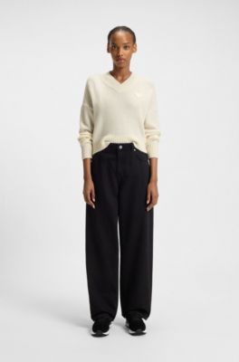 V-neck sweater with Happy HUGO hearts, White