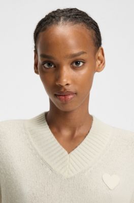 V-neck sweater with Happy HUGO hearts, White
