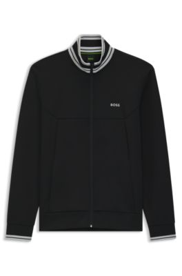 Sudadera de algod&oacute;n con cierre de cremallera y ribetes de rayas, Negro