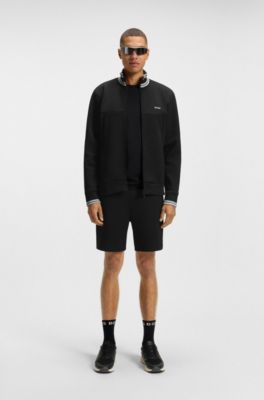 Stripe-detail zip-up sweatshirt in a cotton blend, Black
