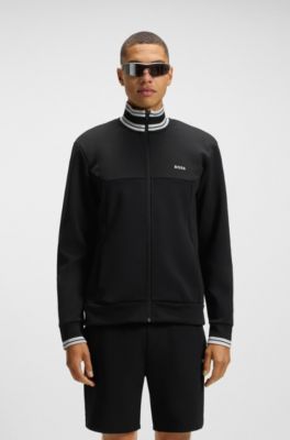 Stripe-detail zip-up sweatshirt in a cotton blend, Black