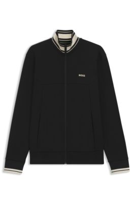 Sweat zipp&eacute; en coton m&eacute;lang&eacute; avec finitions &agrave; rayures, Noir
