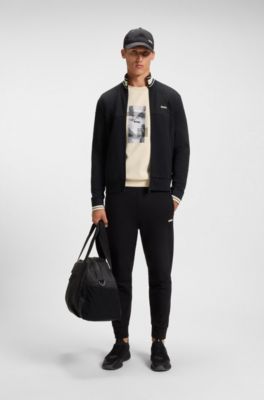 Stripe-detail zip-up sweatshirt in a cotton blend, Black